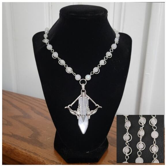 Iridescent moonstone & quartz crystal necklace, bow & arrow pendant - Picture 1 of 7